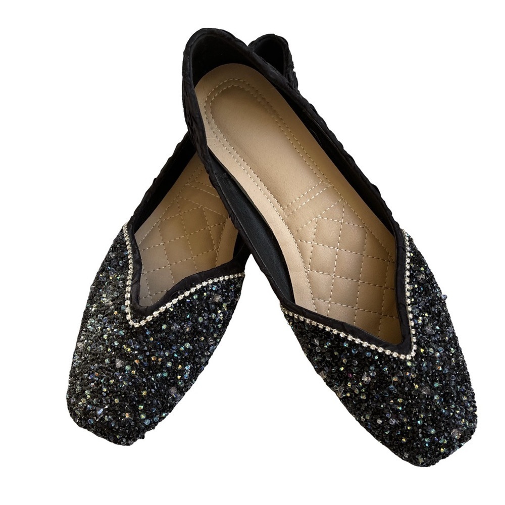 Velvet Black Sparkle Pointed Toe Flats with Rhinestone Trim